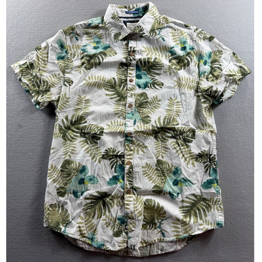 Denim & Flower Button Up Shirt Mens Medium White Floral Leaf Print Short Sleeve